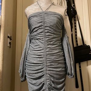 Green Pattern Scrunched Fitted Off the Shoulder Short Dress